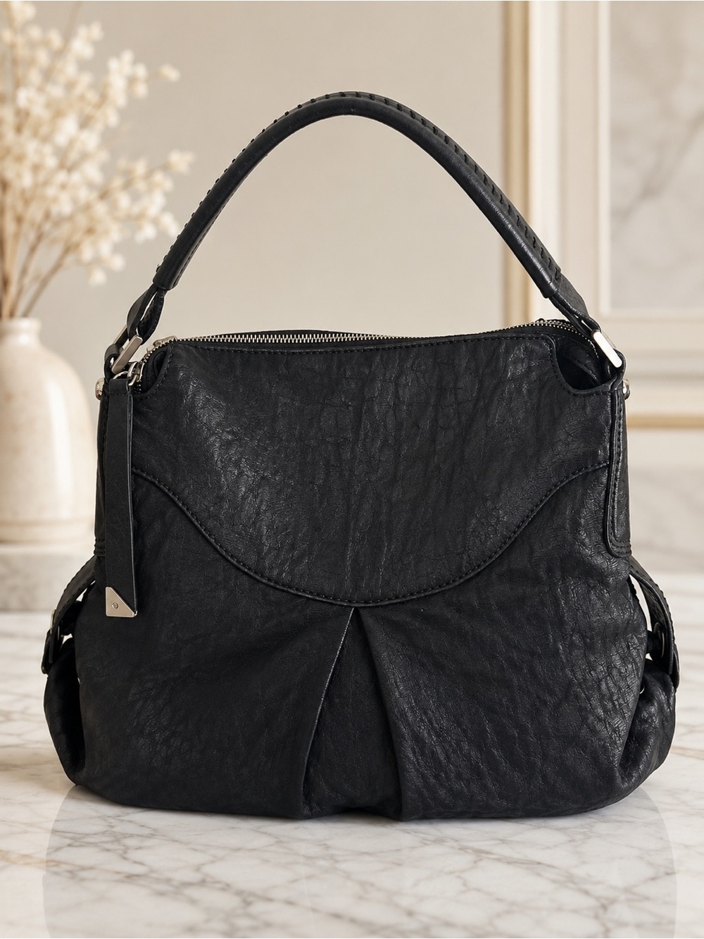 Francesco Biasia Black Leather Hobo Shoulder Bag Italian Designer purse